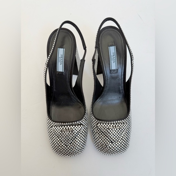 PradaBlack Satin Leather Jewel embellished Triangle logo slingback pumps EU 39 - Picture 2 of 14